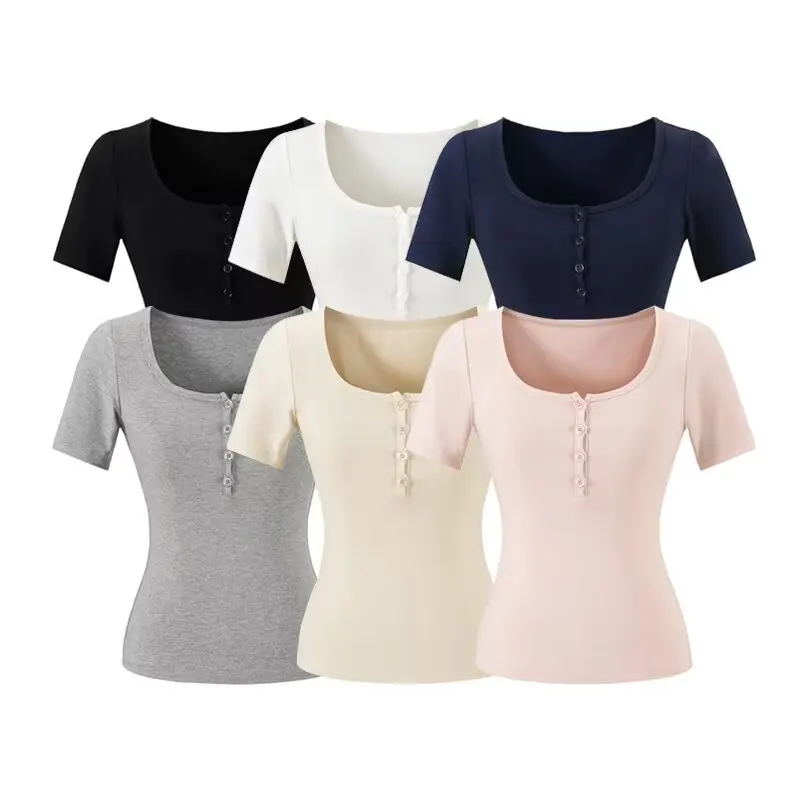 Slim Fit Short Sleeve Square Collar Ant Waist T-Shirt Women's Pure Color Casual Style Button up Top Versatile Stylish Spring ...