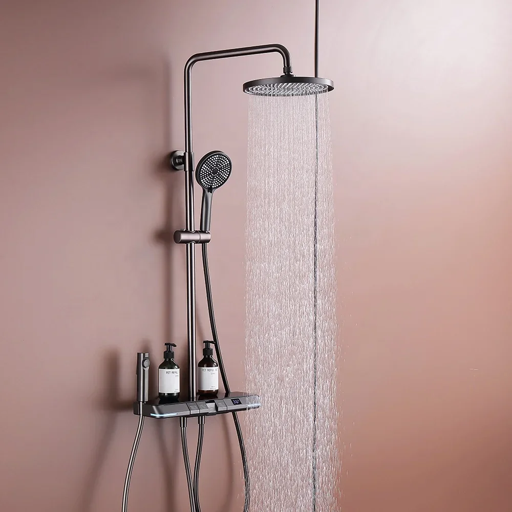 Gun Grey Wall Mounted Rain Piano Shower System Digital Thermostatic Bathroom Smart Shower Set With Toilet Bidet Sprayer