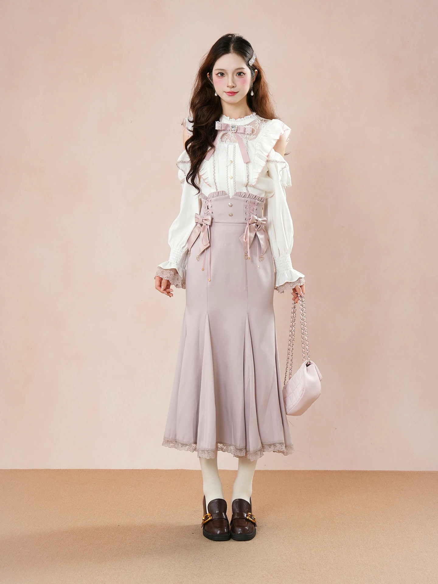 النمط الياباني أنيقة الحلو خارج الكتف قمصان طويلة الأكمام عالية الخصر القوس طويل ذيل السمكة التنانير قطعتين مجموعات للنساء الخريف #2