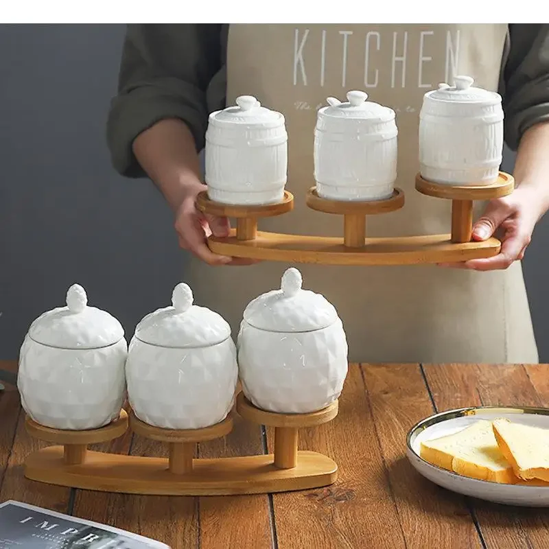 Ceramic Seasoning Jars Salt and Pepper Shakers Spice Set 3 Piece Kitchen Tools Box Accessories