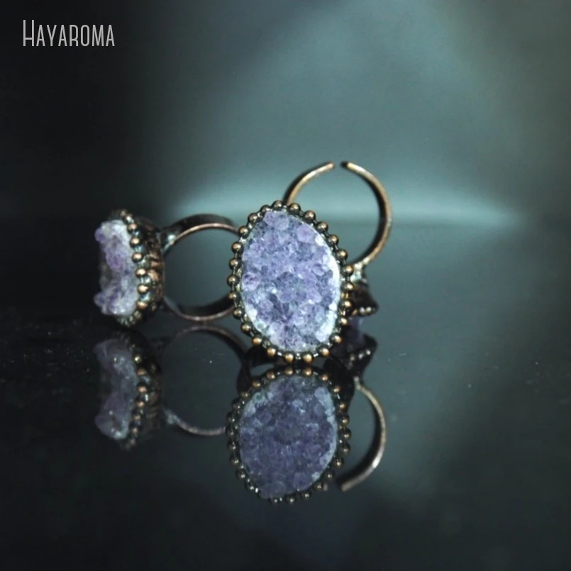 10Pcs Wholesale  Soldered Free Form Vintage Style Handmade Antique Bronze Color Tin Amethysts Cluster Druzy Crystal Ring