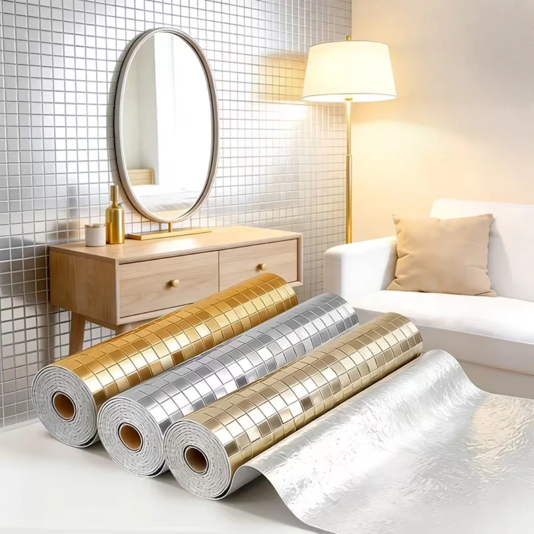 1PC 3meters/118.11inch Mosaic Wall Panels, Glossy Reflective Small Grid Wall Stickers, Removable or Detachable, Suitable for Liv