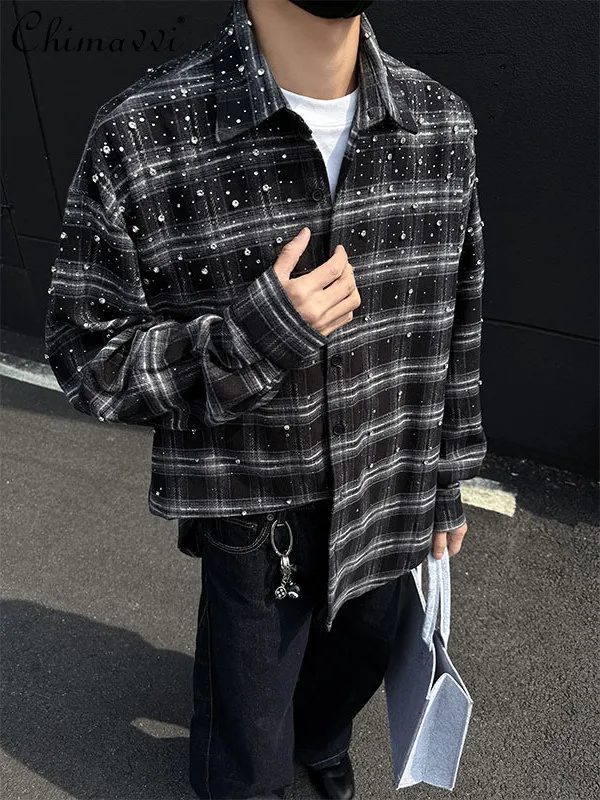 Heavy Industry Hot Diamond Plaid Shirt Men's Autumn New Handsome Camisas Loose Long Sleeve High Street Casual Shirt Jacket