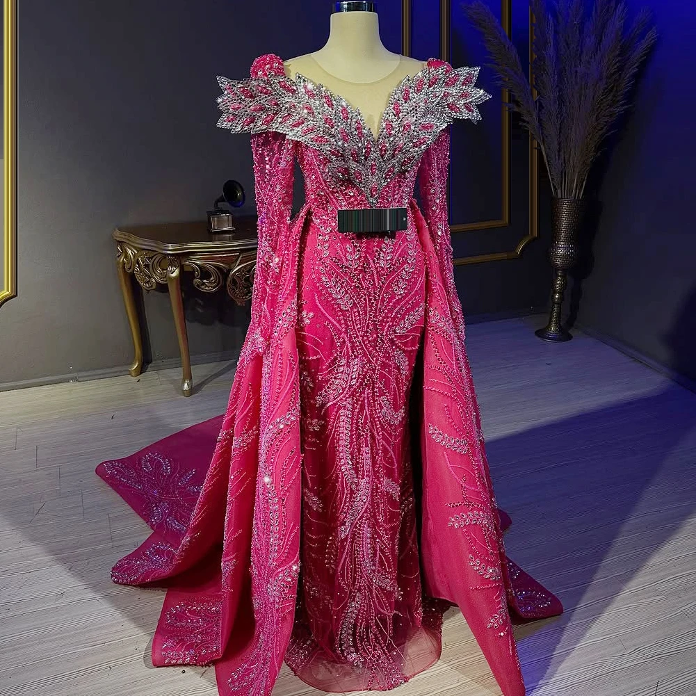 

Luxury Hot Pink Mermaid Evening Dress with Detachable Train Long Sleeve Formal Prom Dress Crystal Beads Party Dress Customized