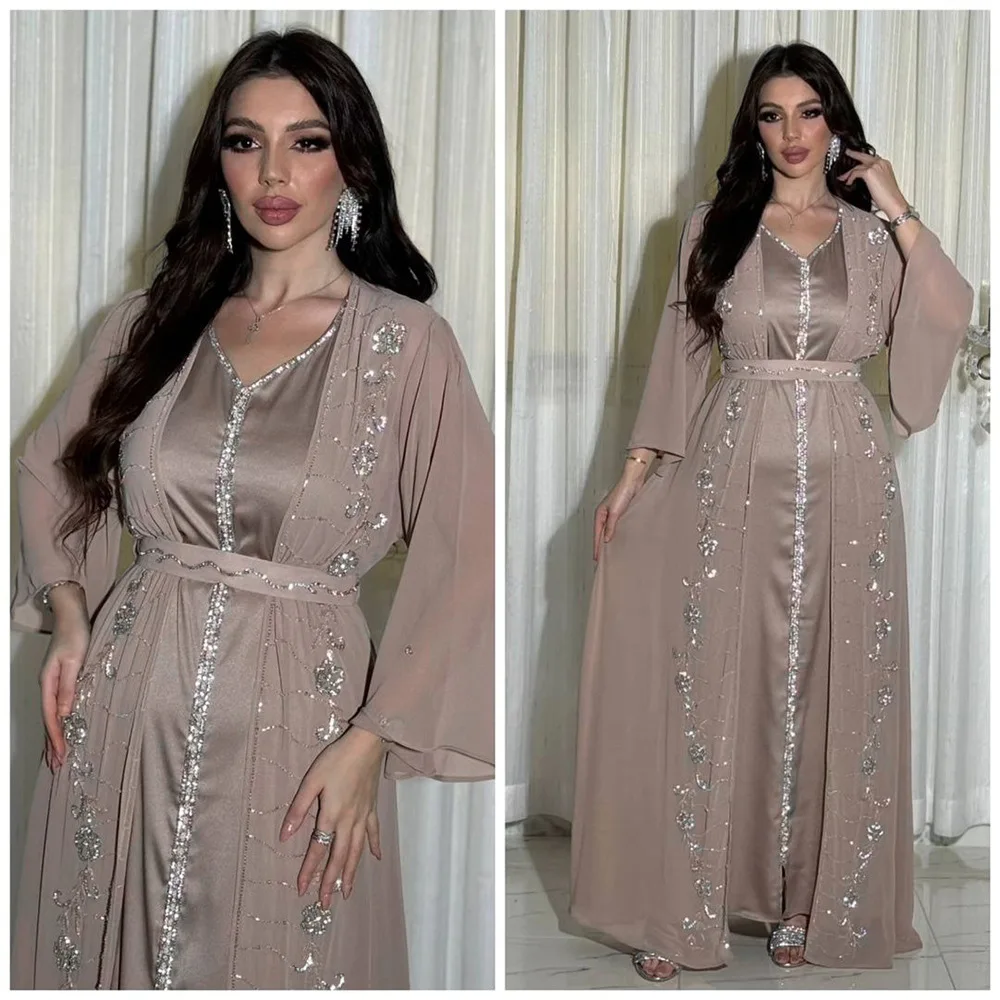 2 Stuks Luxe Diamanten Chiffon Abaya Voor Vrouwen Moslim Bijpassende Set Islamitische Kleding Marocain Kaftan Dubai Turkije Kimono Jalabiya