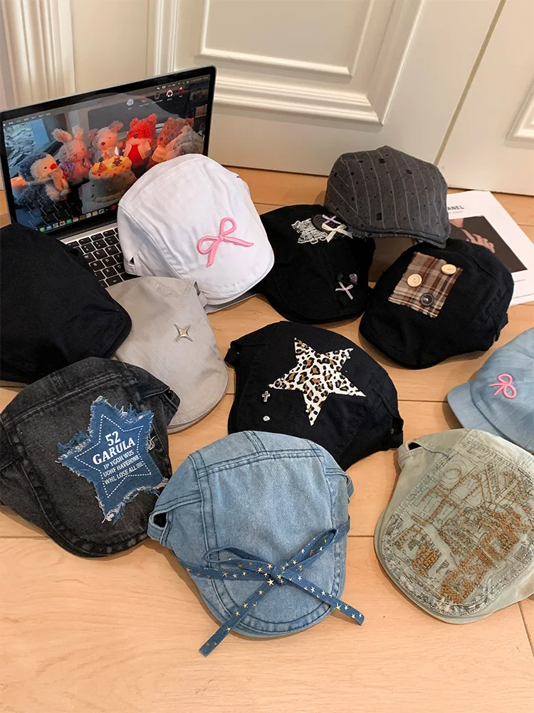 Retro Washed Denim Beret Hat Women Summer Artistic Style Face Slimming Versatile Backward Casual Painter Hat Flat Top Short Brim