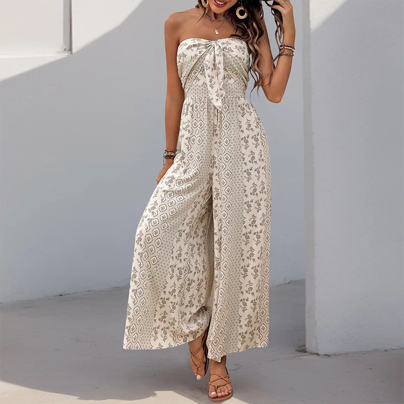 

Jumpsuits for Women Sleeveless Strapless Long Jumpsuit Lace Up Print Casual Jumpsuit Summer 2025 Fashion Wide Leg Pants