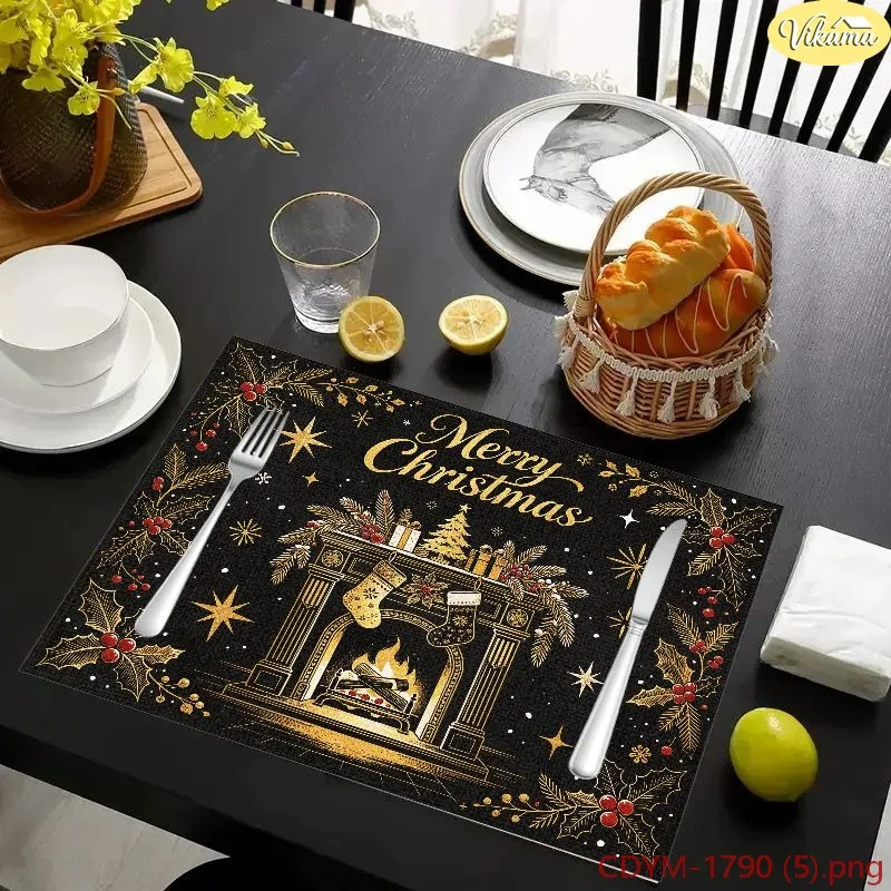 VIKAMA Christmas Placemats, Black Gold Peacock Feather Pinecone Holly Merry Christmas Design, Washable Winter Kitchen Mat