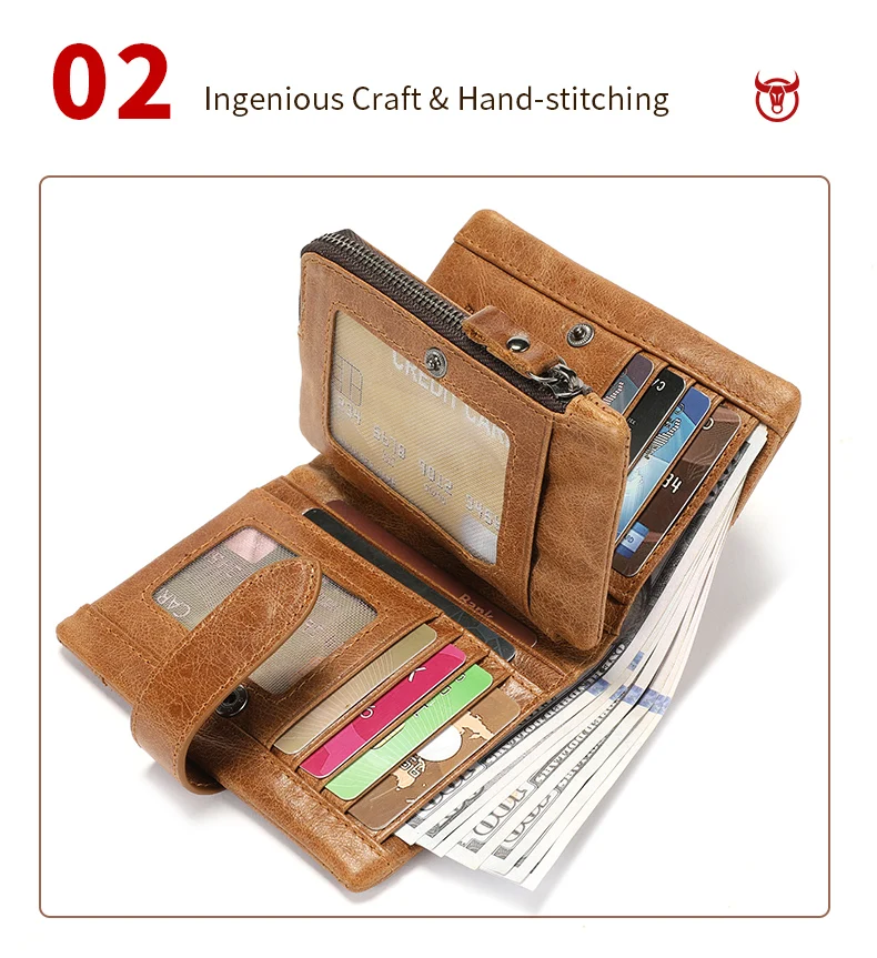 BULLCAPTAIN Echtleder Herren-Geldbörse RFID-Blockierung Vintage Bifold Kurze Geldbörse Rindsleder Kreditkartenhalter mit Münzfach – Detail 14