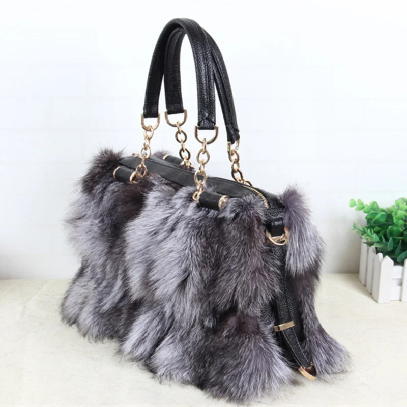 Real Fox Fur Bag Winter Women Handbag Designer Luxury Bag Evening Party Bags Leather High Quality Shoulder Bag Natural Fur Bag