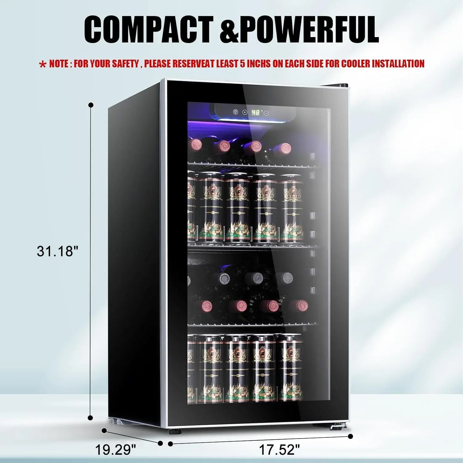 Wine Cooler/Cabinet Beverage Refrigerator Mini Wine Cellar Beer Soda Clear Glass Door Bar Fridge Quiet Compressor Adjust Temp Fr