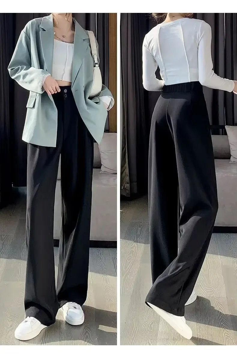 Elegante Weite Hosen für Damen im Koreanischen Stil mit Hoher Taille, Schwarze Baggy-Hosen, Büro-Damenmode, Lockere Anzughosen, Streetwear – Detail 7