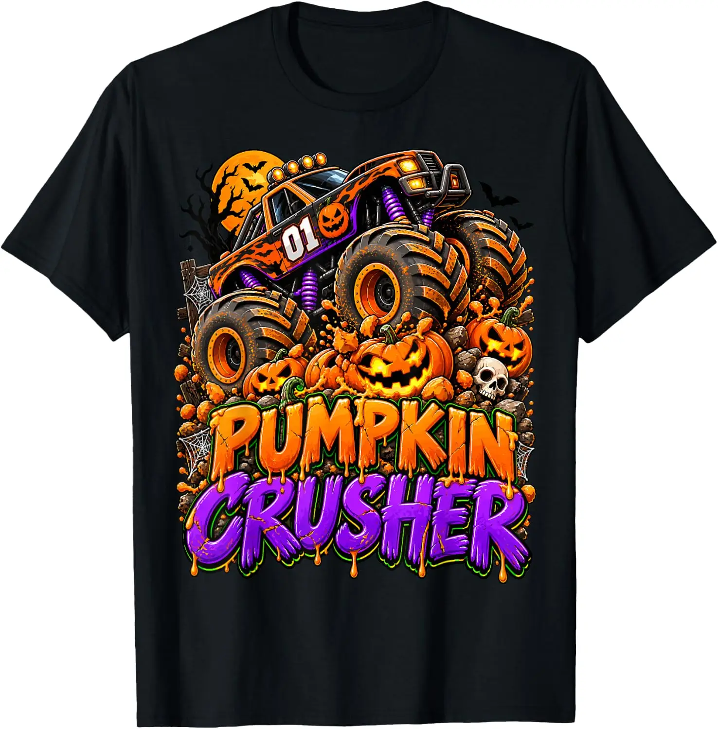 Funny Monster Truck Pumkin Toddler Kids Halloween T-Shirt Vintage Style Graphic T‑Shirt, Retro Tee, 100% Cotton Soft Lightweight Crew Neck Unisex Casual Short Sleeve Tops For Men Women Daily Wear