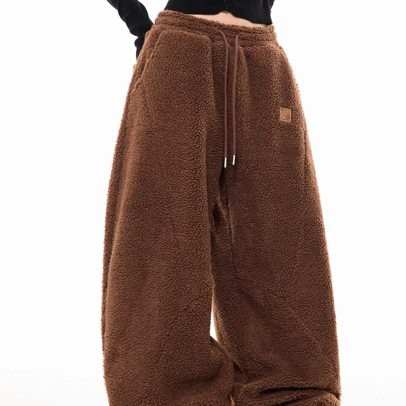 겨울 신상 양털 드로스트링 여성 캐주얼 팬츠 아메리칸 레트로 두꺼운 신축성 허리 루즈 와이드 레그 따뜻한 바지 여성용