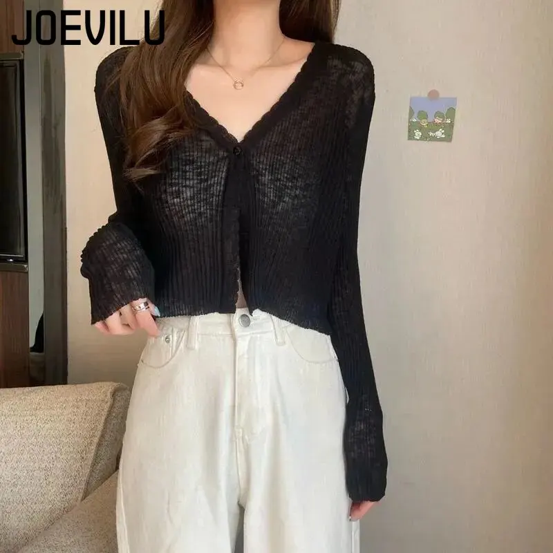 JOEVILU Thin Sunscreen Shirt Women\'s Summer Outerwear Crop Tops Hollow Out White Long-sleeved Cardigan Elegant Casual Shawl Coat