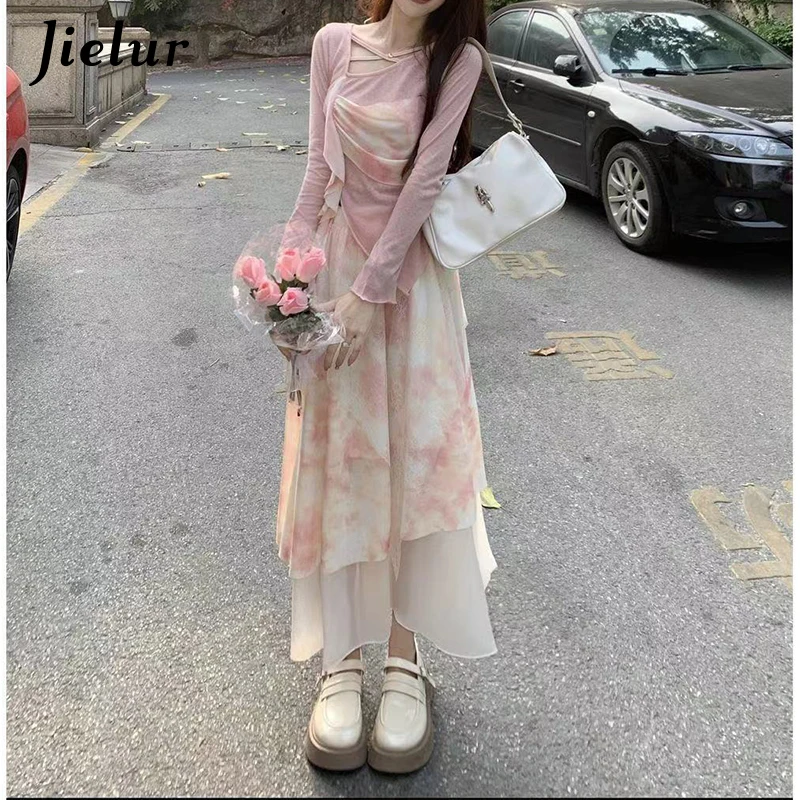 Jielur Spring Fashion Sweet Women Irregular Dress Retro Panel Long Sleeved Top Fragmented Flower Half Skirt Two Piece Set Dress