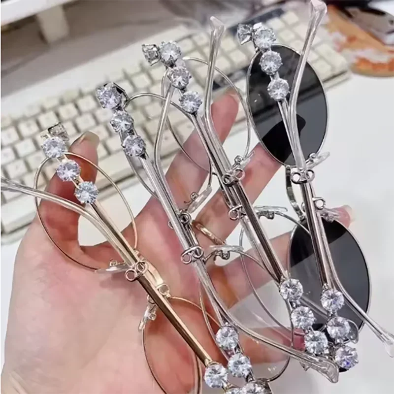 نظارات شمسية فاخرة بإطار بيضاوي معدني ماسي للنساء بإطار صغير نظارات شمسية بيضاوية UV400 نظارات خارجية عتيقة #5