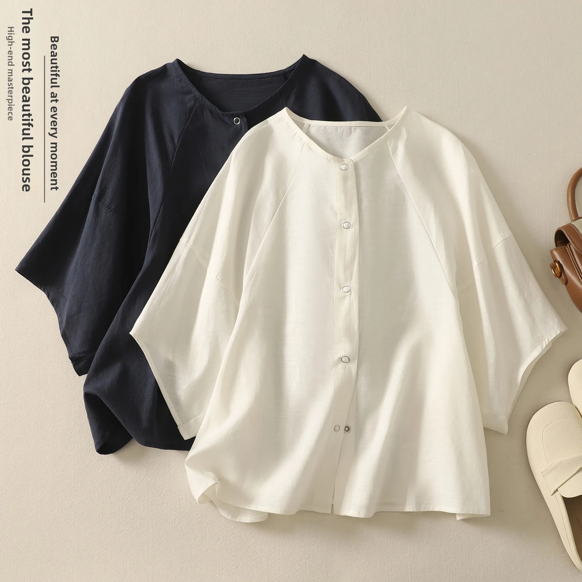 夏用アーティスティックコットンリネン半袖インサートショルダーデザインスリムトップレディースオープンカーディガンカジュアルルーズフィットシャツ