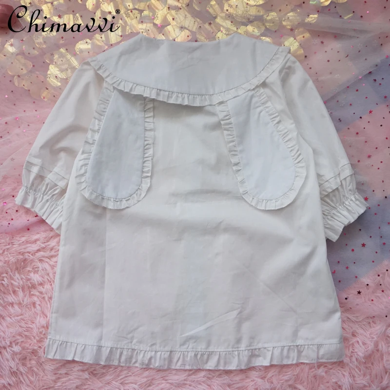 Lolita Style Innerwear Rabbit Ears Bow Short Sleeve Shirt Summer Clothes Girl's Sweet Cute Student Loose Slim Flounce Blouse Top