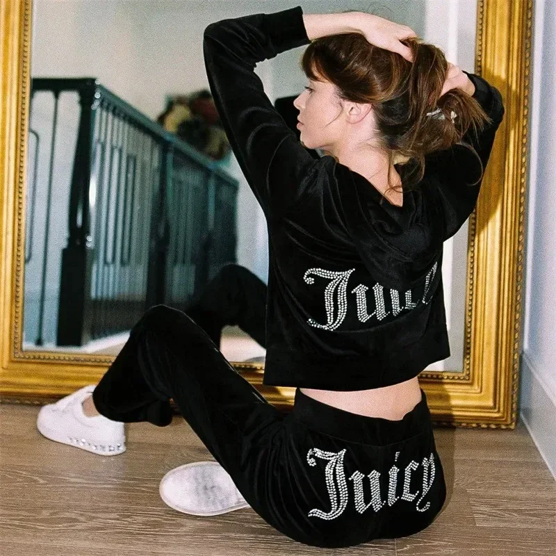 Fall Streetwear Pink Tracksuit Diamond 2 Piece Sets Women Outfit Long Sleeve Cropped Hoodies Black Pants Matching Sets