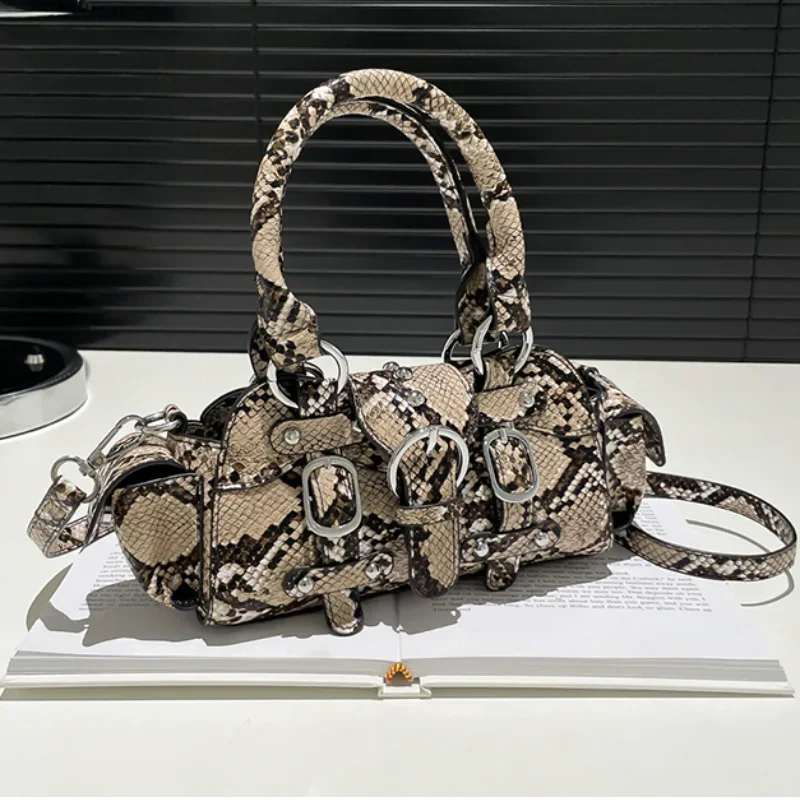

Snake Print Design Luxury Handbag Cool Motorcycle Y2k Multiple Belt Niche Brand Shoulder Bag Rivet High-end Cloud Crossbody Bag