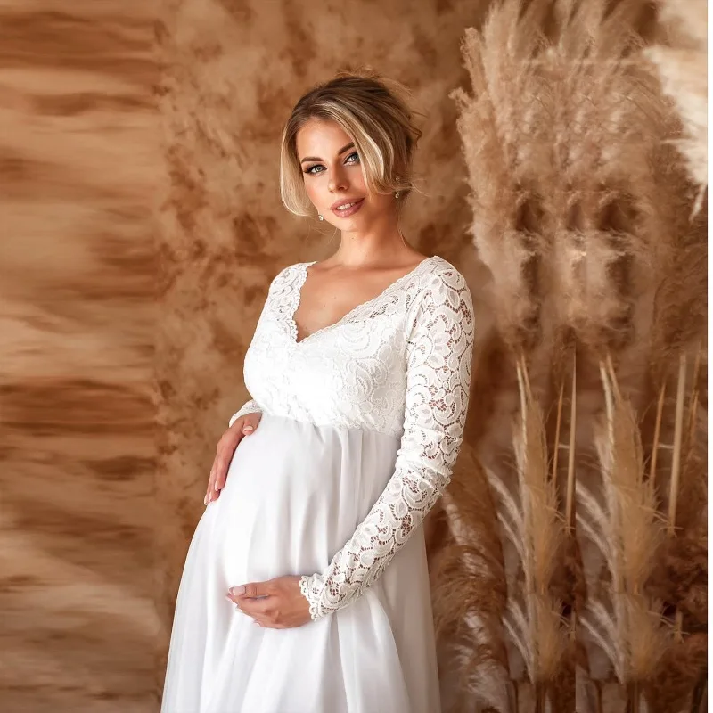 lace-patchwork-long-sleeve-maternity-maxi-dress-european-american-loose-train-design
