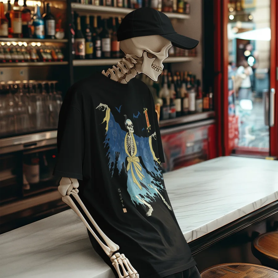 Halloween Samurai Samurai and Geisha Skeleton Japanese Classic T-Shirt for Men Vintage Short Sleeve T shirt Mens Tops Clothing