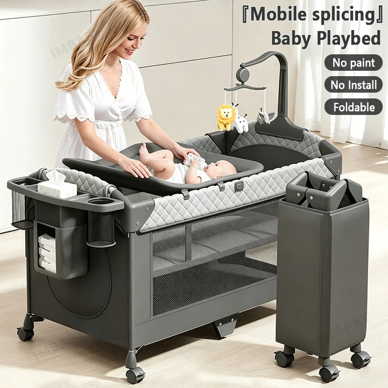 IMBABY Baby Crib 3 in 1 Bedside Crib with Diaper Changing Station Multi-function Folding and Lifting with Mosquito Net and Wheel