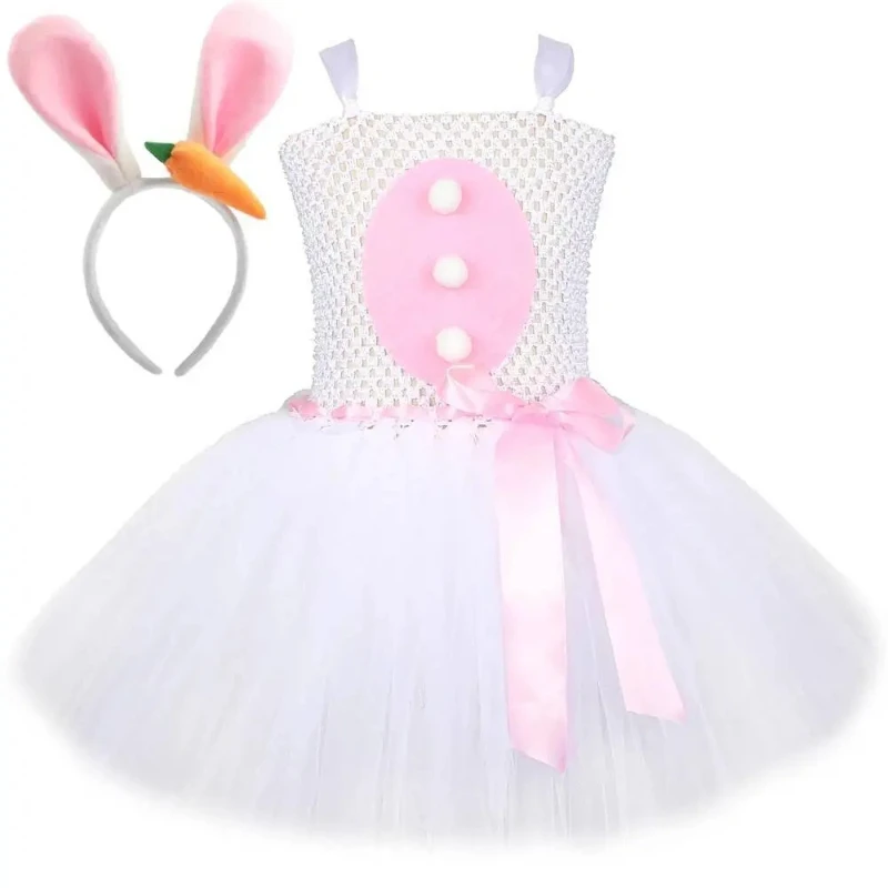 Baby Girls Easter Bunny Tutu Dress for Kids Easter Holiday Clothes with Ears Tail Children Little White Rabbit Halloween Costume