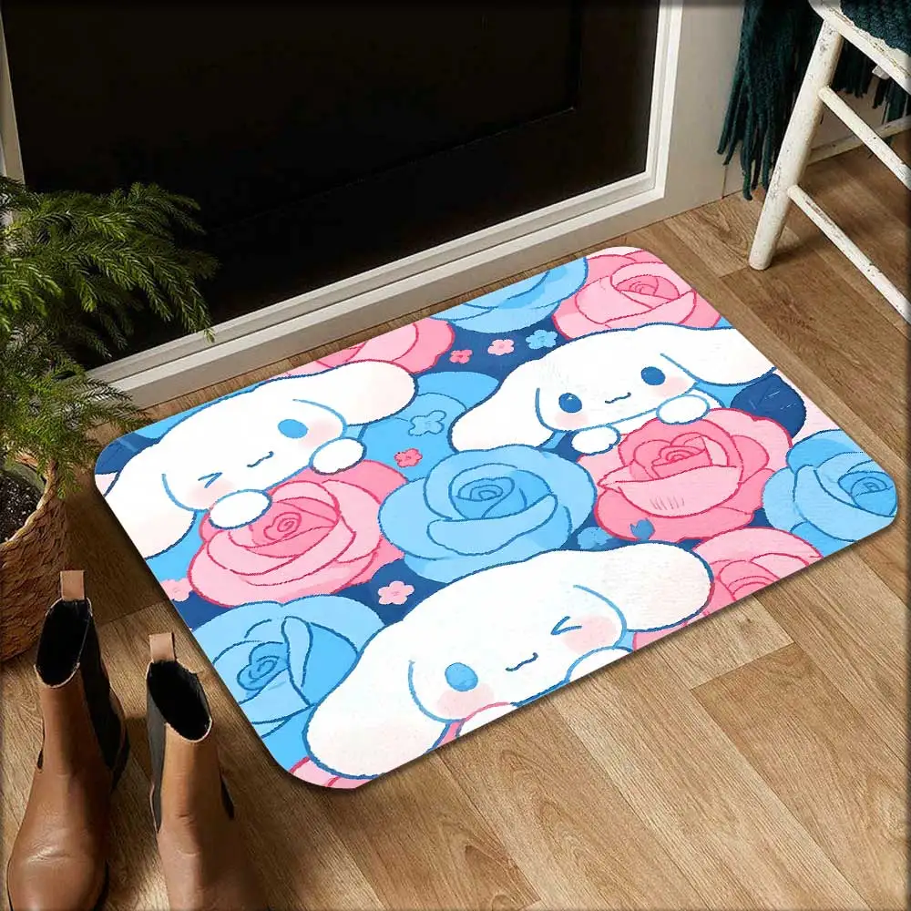 Alfombra de bienvida Kawaii con flores rosas، Cinnamorolls، alfombra de cocina antideslizante latable، alfombras suaves para #3