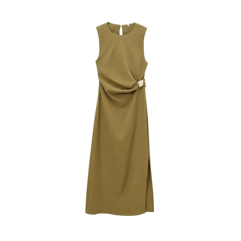 เสื้อผ้าผู้หญิงใหม่ประจำฤดูใบไม้ร่วงปี 2024 แบบมีแผ่นรองไหล่ ทรงมิดิ คอกลม ดีไซน์ทันสมัย วัสดุคุณภาพ