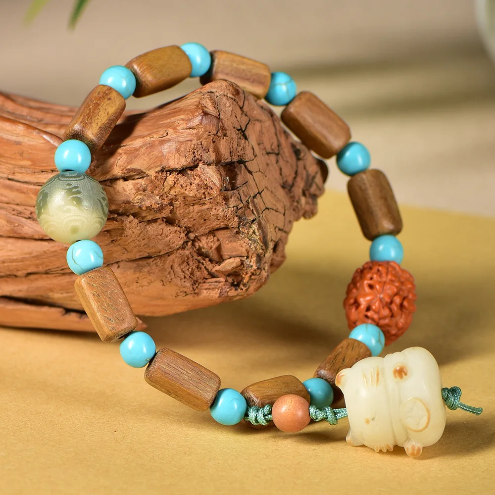 

Square Sandalwood Bead Bracelet with DIY Turquoise Spacers Vajra Bodhi and Lucky Cat Pendant Unisex Jewelry Gifts