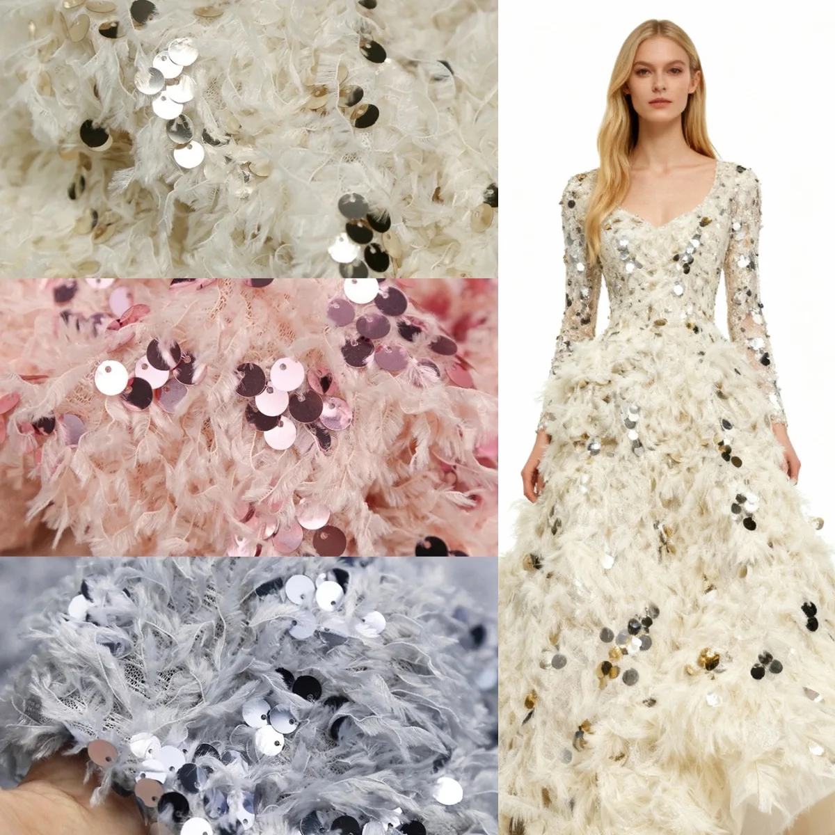 

Pink gray blue feather tassel sequin lace embroidery fabric sewing suspender skirt evening dress DIY designer fabric