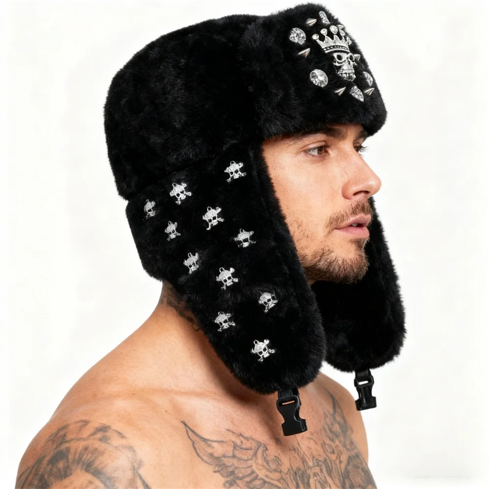 European and American Street Fashion Personalized Diamond-Encrusted Metal Skull-Decorated Aviator Hat, Unisex, Suitable for All Seasons, Hip-Hop Rock Style Trapper Hat