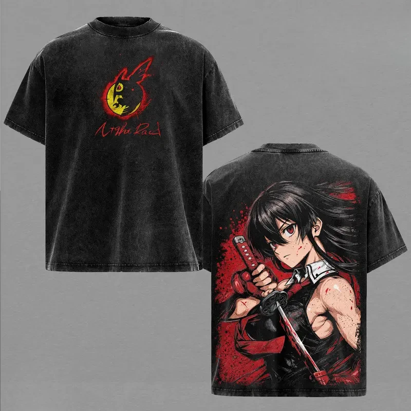 Mine Akame Ga Kill Anime Clothing Men Women Oversized T-shirts Short Sleeve Washed T Shirt Vintage Cotton Tshirt Harajuku Tops