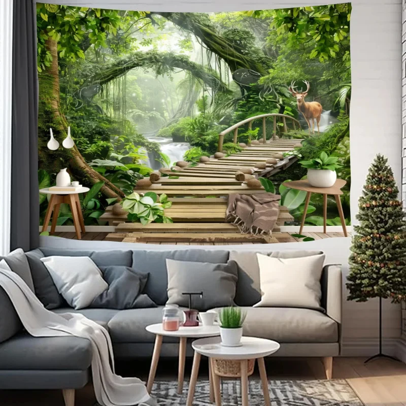 VIKAMA Alpine Mountain Village Tapestry Dolomite Peak Green Valley Nature Scenery Wall Hanging Decor for Bedroom Living Room