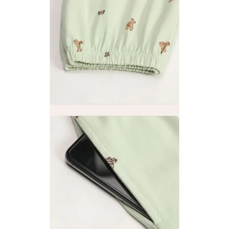 2024 New Pajamas Autumn Long Sleeve Pants Sleepwear Round Neck Spring Autumn Homewear Cardigan Cotton Simple Loose Loungewear