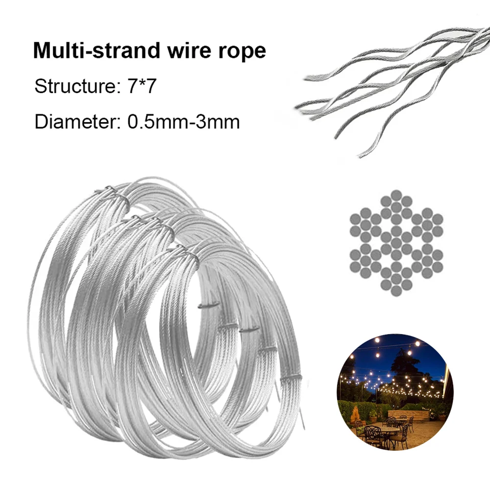 5 متر/10 متر 7x7 حبل أسلاك الفولاذ المقاوم للصدأ 0.5-3 مللي متر مطلي بالبلاستيك-صيد الأسماك/رفع/رف التجفيف/كابل سحب مقاوم للصدأ مرن