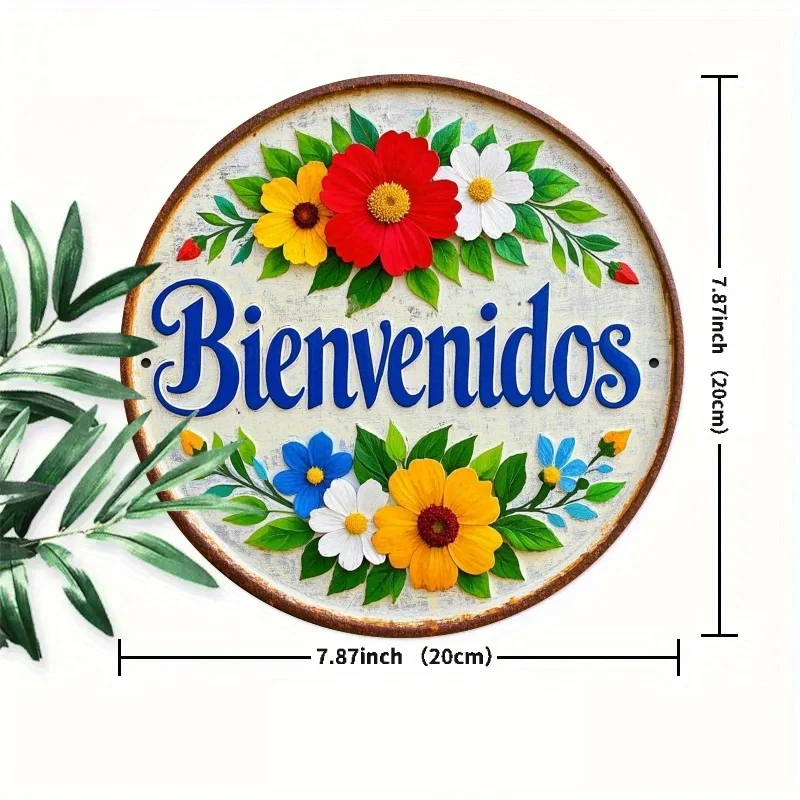 Floral Bienvenidos Round Metal Welcome Sign, 1pc 2D Flat Spanish Vintage Tin Wall Plaque, 20x20cm Front Door Entryway Home Decor