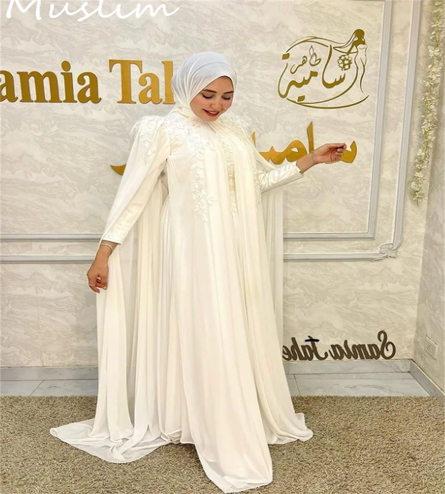 Gorgeous Muslim Turkey Wedding Dress With Cape Elegant Chiffon Boho Bride Long Sleeve Lace Bohemian Country Arabic Customized