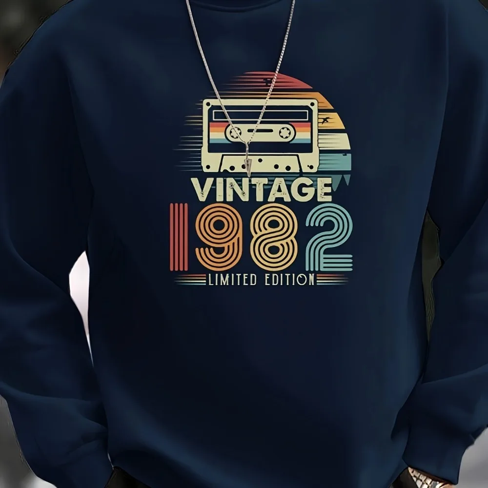 1982 Vintage Style Printed Men's Crew Neck Hoodie Loose Fashion Pullover Autumn and Winter Men's Clothing Pure Cotton Hoodie