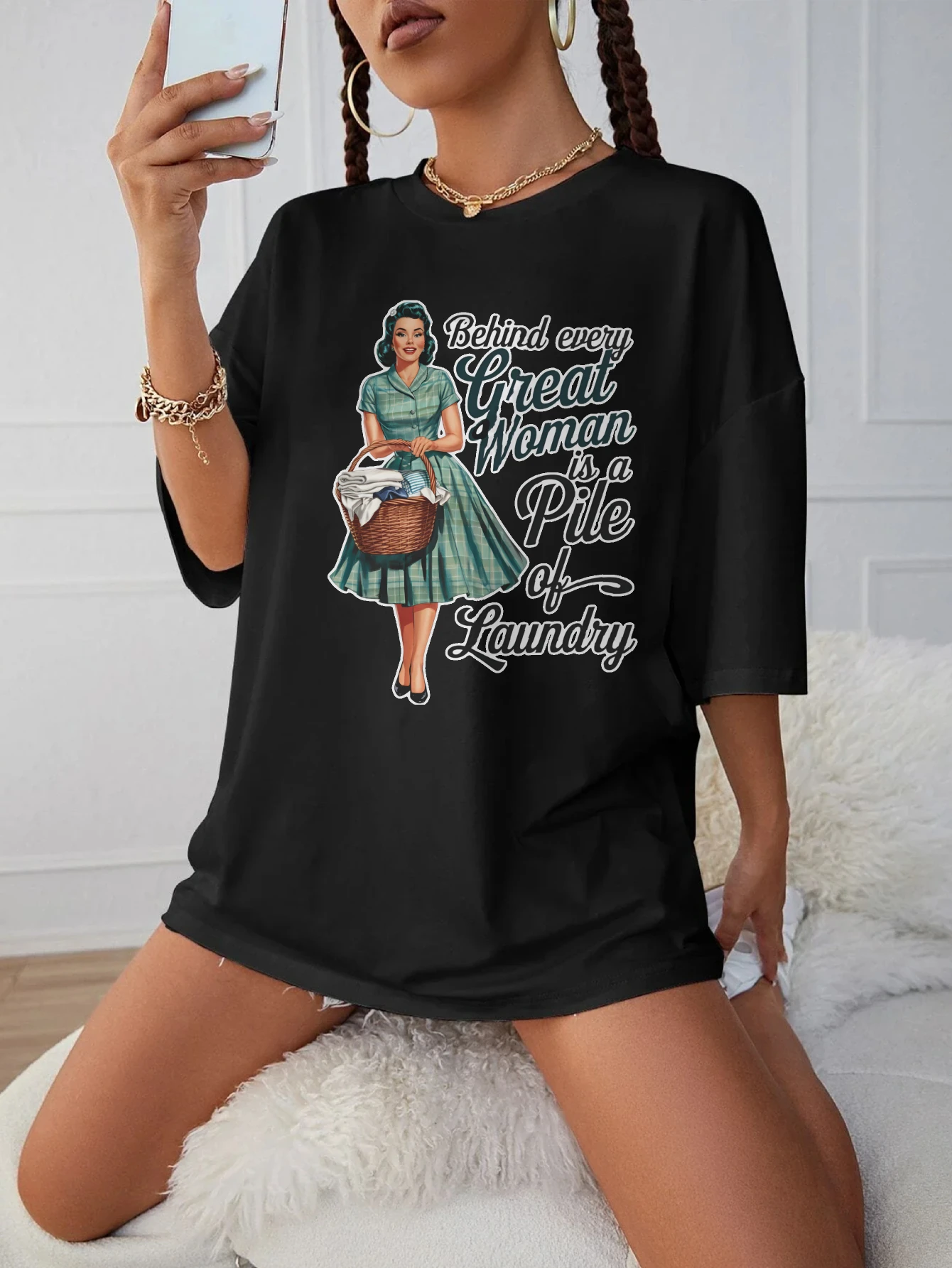 

Behind every Great Woman is a Pile of Laundry Plus Size Women’s Black Round Neck Shirt Soft Autumn Clothes Halloween Clothing