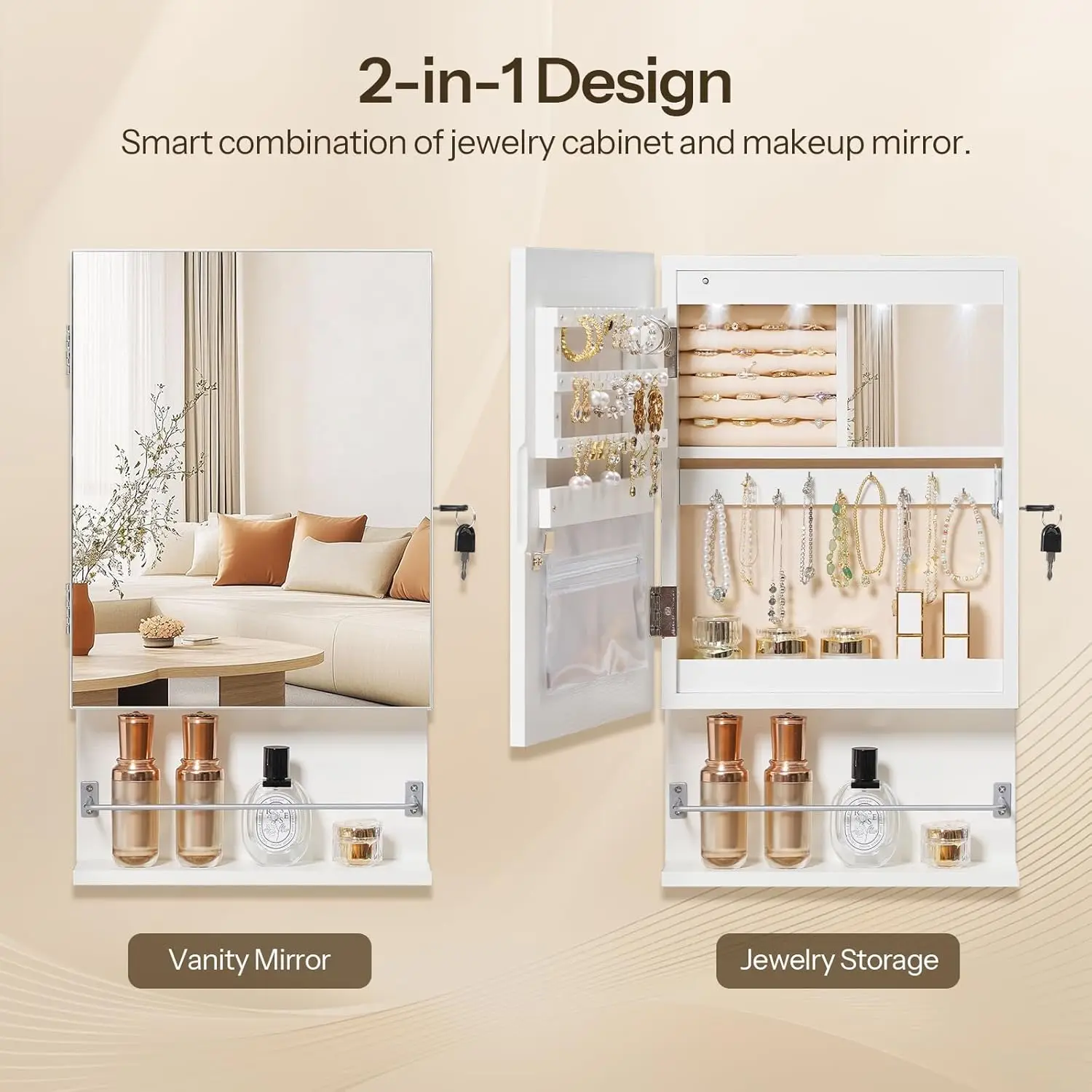 خزانة مجوهرات مثبتة على الحائط، خزانة مجوهرات LED مع مرآة داخلية، منظم مجوهرات معلق للجدار