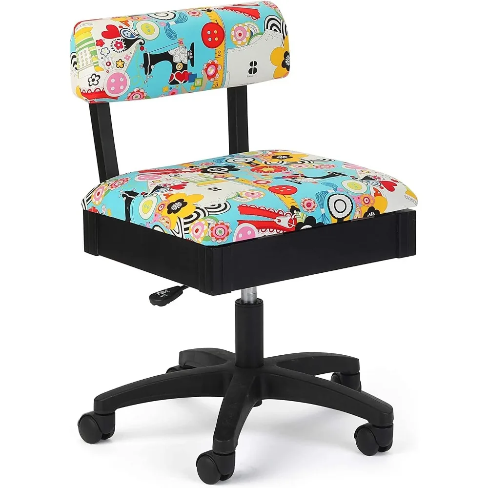 Silla hidráulica de costura y manualidades de altura ajustable con almacenamiento debajo del asiento y tela impresa, coser ahora, coser, estampado Wow