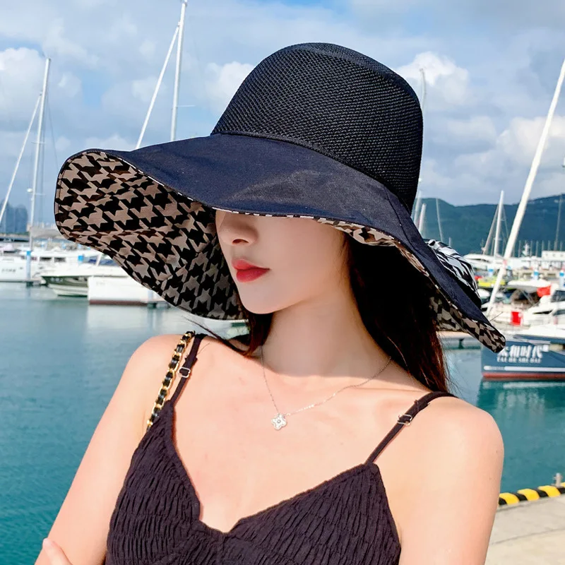 2022 Summer Houndstooth Female Versatile Wide Brim Face-Covering Fisherman Travel Protection Sun Hat Broad-Brimm