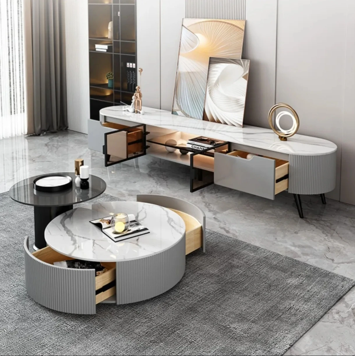 Modern Marble Tea Table living room TV cabinet combination small-sized storage table round glass tea table