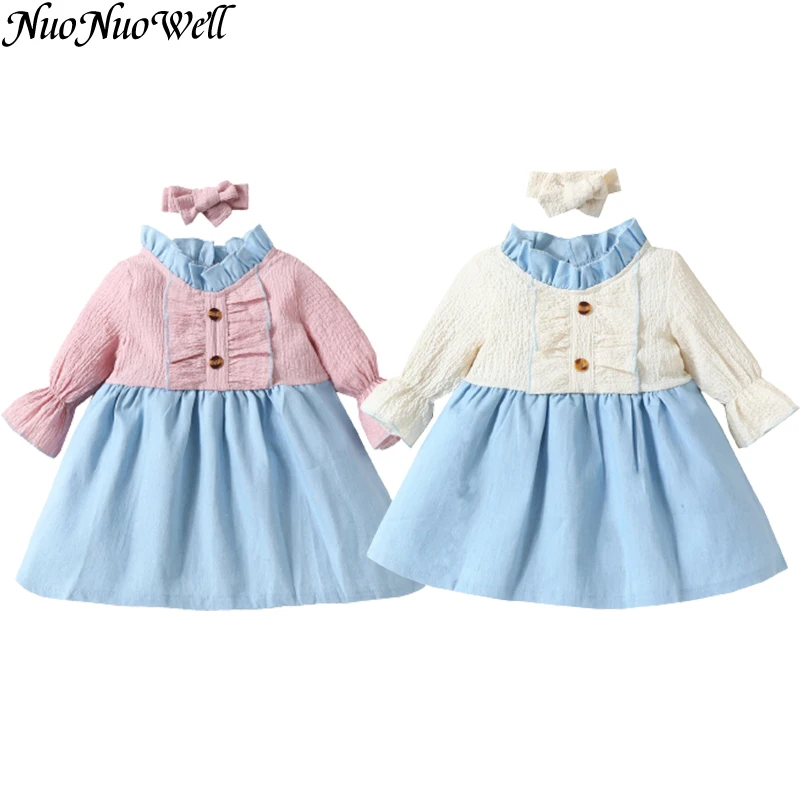 

Baby Girls Clothes 2Pcs Cute Sweet Girl Dress Headband Set Spring Autumn Kids Mixed Colors Long Sleeve Dress Infant Outwear