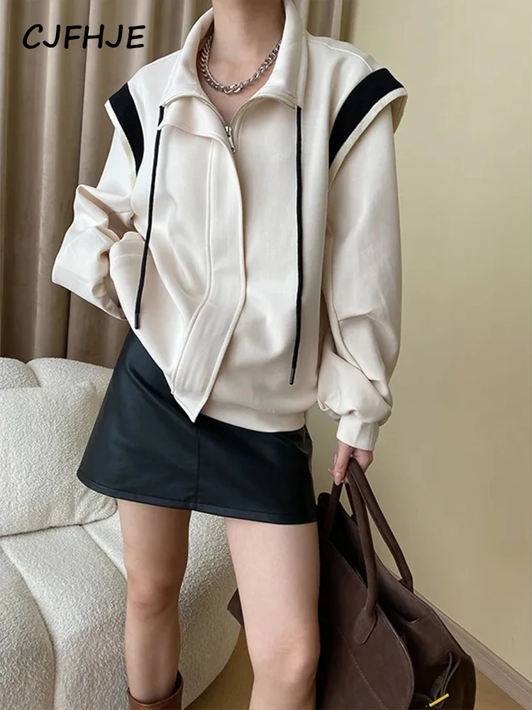 CJFHJE Beige Fake Two-piece American Style Jackets Women Drawstring Stand Collar Casual Loose Baseball Jacket Female Black Coats