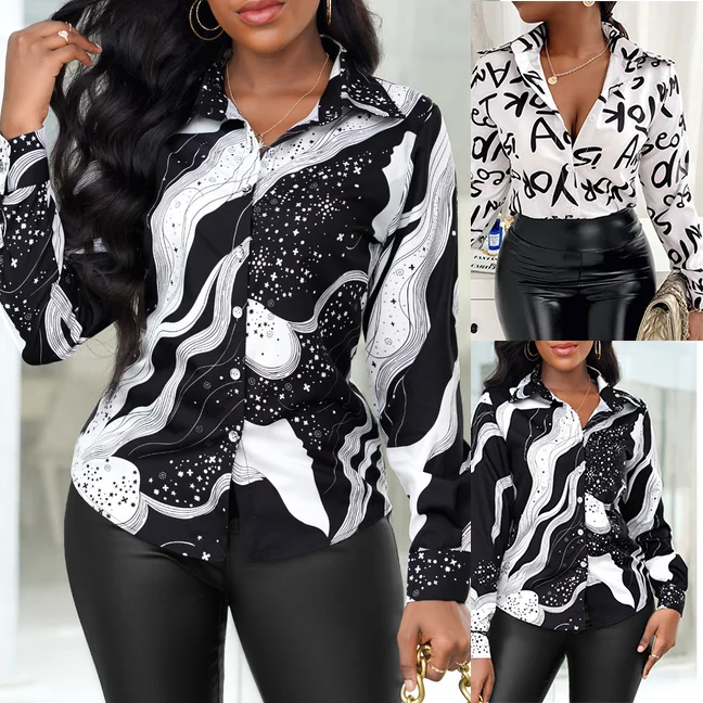 

Women's Letter Print Button Front Shirt Casual Long Sleeve Top For Spring Fall