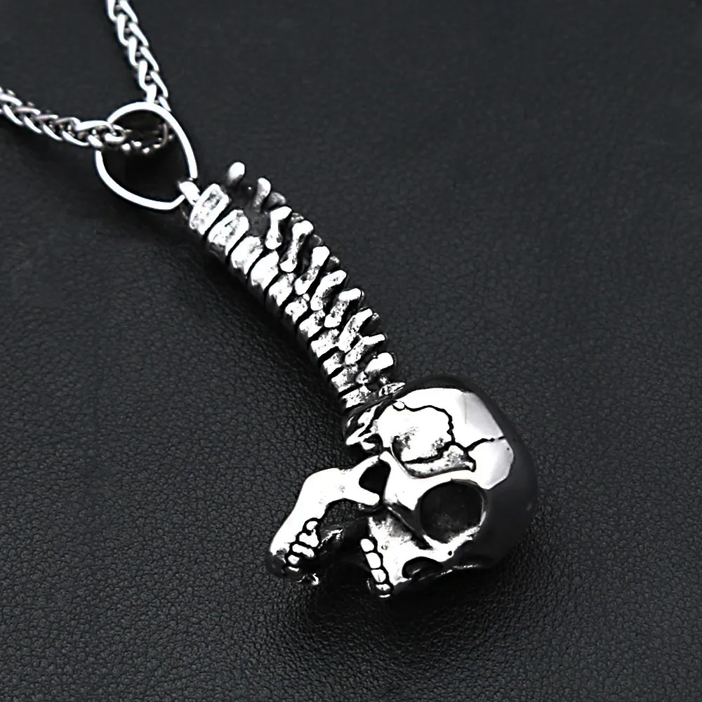 Unisex-Halskette mit gebogenem Schädel-Skelett-Anhänger aus Edelstahl, Vintage-Knochen-Anhänger, Gothic Hip-Hop Biker Mode-Schmuck Geschenk – Detail 6